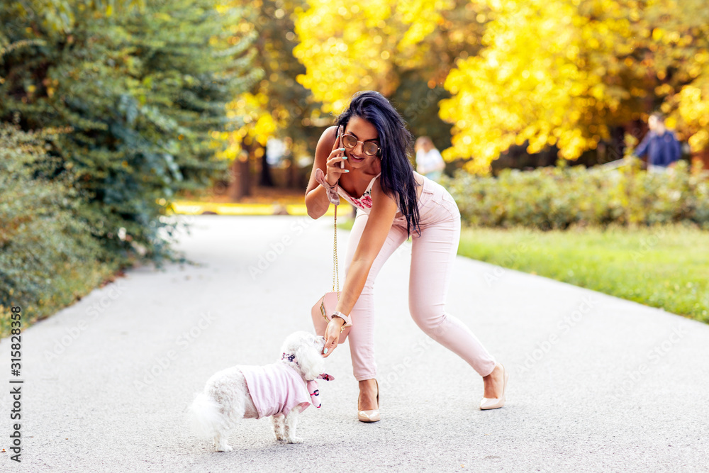 Fashion girl in park in pink talking on mobile phone with her small dog Fashion girl in park in pink talking on mobile phone with her small dog