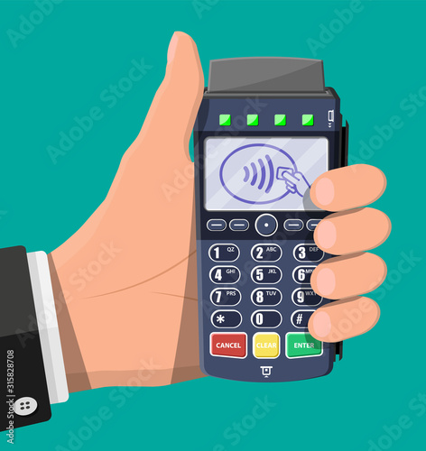 Modern POS terminal in hand. Bank payment device. Payment nfc keypad machine. Credit debit card reader. Vector illustration in flat style