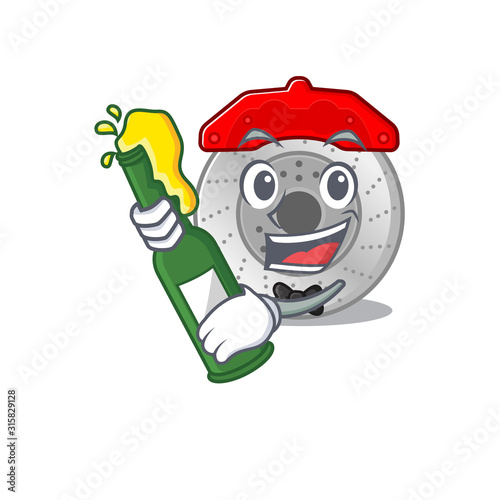 mascot cartoon design of car brake with bottle of beer