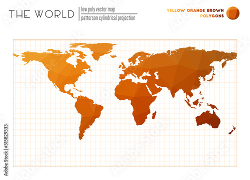 World map in polygonal style. Patterson cylindrical projection of the world. Yellow Orange Brown colored polygons. Modern vector illustration.