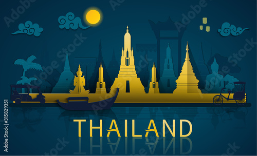 Thailand travel illustrator: famous landmarks and tourist attraction of Thailand with paper cut style