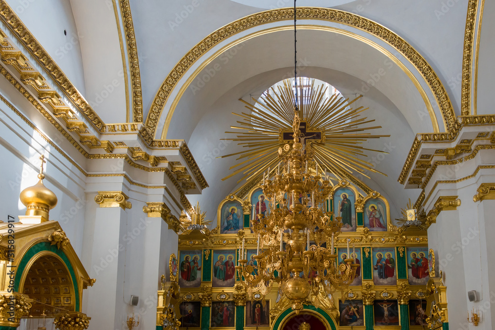STOLOBNY iSLAND, RUSSIA - AUGUST 6, 2019: Interior of the Epiphany Cathedral. Nilo-Stolobenskaya Pustyn. Is located on Stolobny Island in Lake Seliger. Tver region, Russia