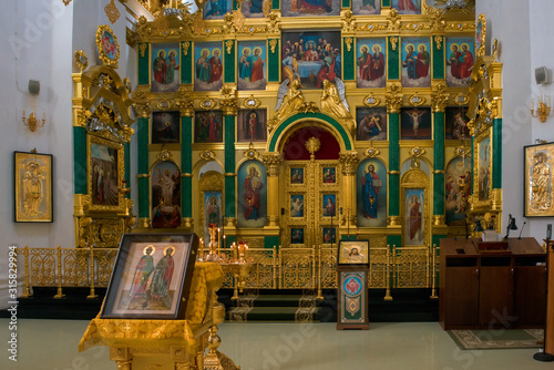 STOLOBNY iSLAND, RUSSIA - AUGUST 6, 2019: Interior of the Epiphany Cathedral. Nilo-Stolobenskaya Pustyn. Is located on Stolobny Island in Lake Seliger. Tver region, Russia