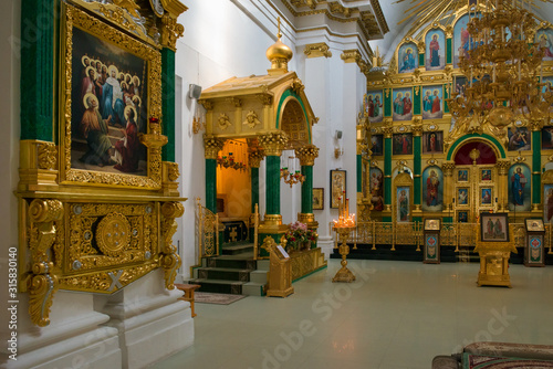 STOLOBNY iSLAND, RUSSIA - AUGUST 6, 2019: Interior of the Epiphany Cathedral. Nilo-Stolobenskaya Pustyn. Is located on Stolobny Island in Lake Seliger. Tver region, Russia