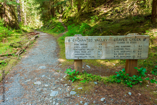 Trail Sign to Enchanted Valley and Graves Creek in Olympic National Park, Washington, USA photo