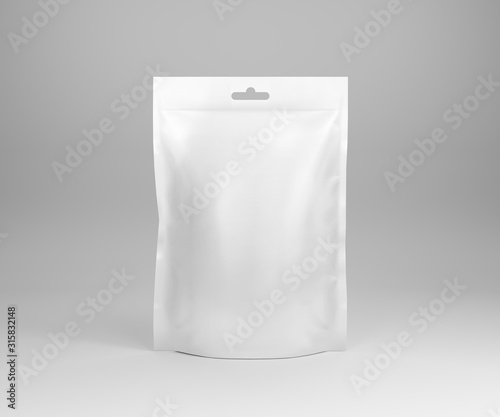 White plastic stand up bag for ketchup, mayonnaise and sauce isolated on a white background. 3D illustration. 3D rendering.