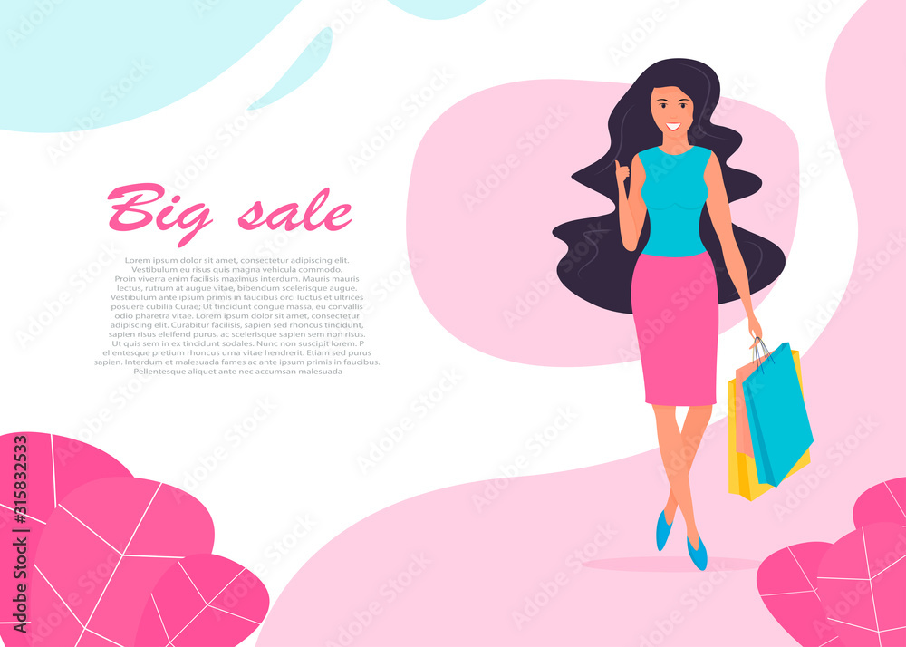 Banner. A dark-haired girl, walks along the street with a smile, holds shopping bags in her hands. Shows thumbs up to indicate class. Female hobby. Shopaholic. Flat character Banner. A dark-haired girl, walks along the street with a smile, holds shopping bags in her hands. Shows thumbs up to indicate class. Female hobby. Shopaholic. Flat character