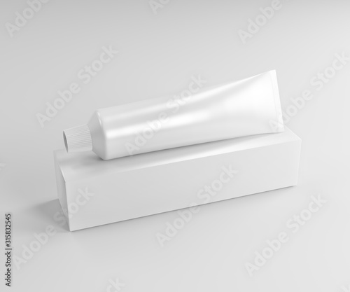 Toothpaste tube and packaging. Ointment or cream, cosmetic box mockup. 3d white cosmetic gel. 3D rendering.