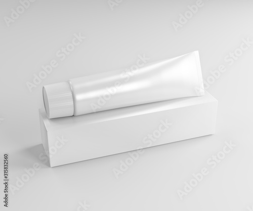 Toothpaste tube and packaging. Ointment or cream, cosmetic box mockup. 3d white cosmetic gel. 3D rendering.