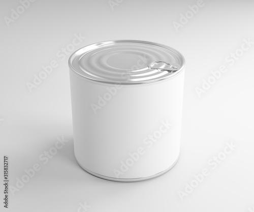 Metal tin can packaging. Metal container for food products on white backround. 3D illustration. 3D rendering.