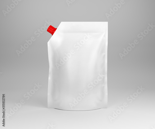 White plastic stand up bag for ketchup, mayonnaise and sauce isolated on a white background. 3D illustration. 3D rendering.