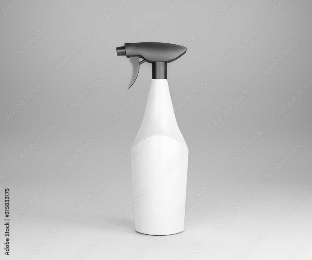 Plastic bottle can with spray pistol. Cleaner hygiene on white background. 3D rendering. 3D illustration.