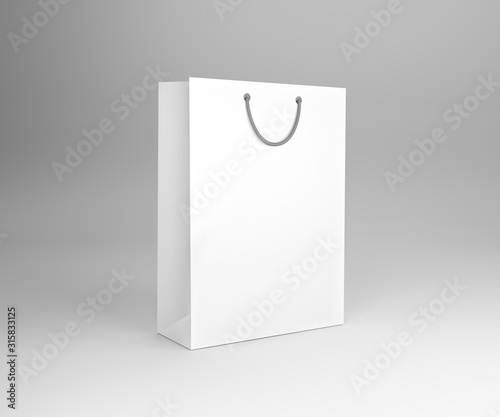 White empty paper gift bag for shopping. Isolated package on white background. 3D illustration. 3D rendering.