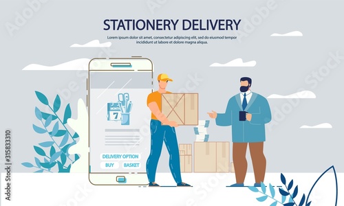 Office Appliances Stationary Buying Purchasing in Online Shop. Fast Delivery Internet Service. Smartphone Application for Order. Deliveryman Carrying Parcels. Executive Manager in Formal Suit