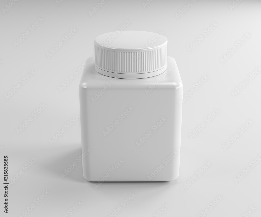 Plastic bottle for capsule, vitamin and pills isolated on a white background. 3D illustration, 3D rendering. Plastic bottle for capsule, vitamin and pills isolated on a white background. 3D illustration, 3D rendering.