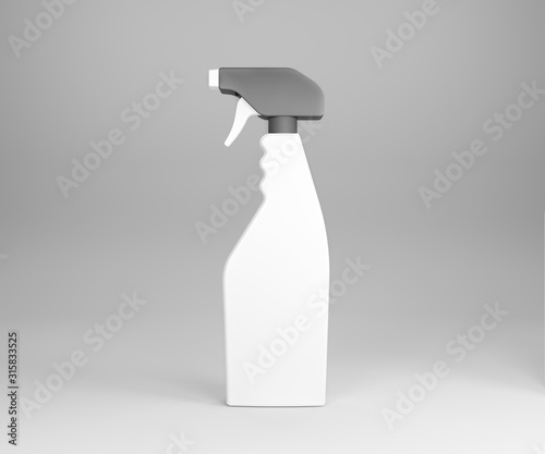 Plastic bottle can with spray pistol. Cleaner hygiene on white background. 3D rendering. 3D illustration.