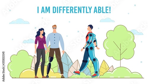 Technological Innovations for Disabled People Trendy Flat Vector Banner, Poster Template. Disabled Man in Wearable, Futuristic Exosuit, Guy with Robotized Led Prosthesis Walking Outdoors Illustration