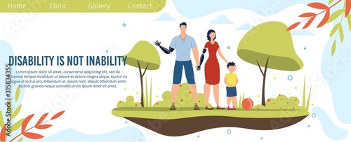 Disabled People Physical and Psychological Rehabilitation Program or Course Trendy Flat Vector Web Banner, Landing Page Template. Man and Woman with Hand Prosthesis Spending Time with Son Illustration