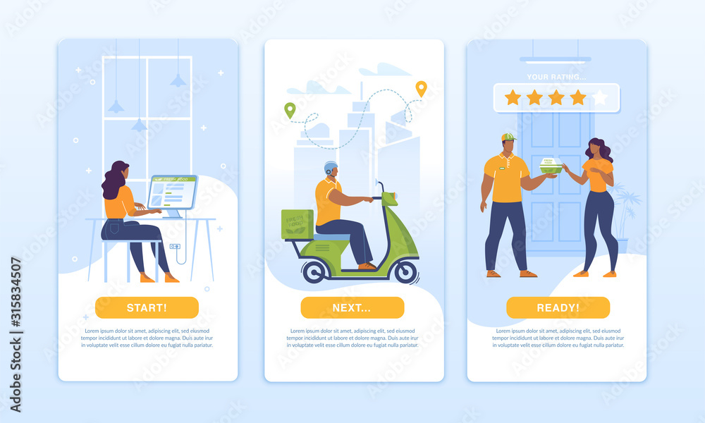 Food Delivery Mobile Application Homepage UI Design Set. Shipment Process on Pages Kit. Ordering Set-Meal Online, Collection and Fast Shipping Order by Scooter, Customer Feedback. High Rating Service Food Delivery Mobile Application Homepage UI Design Set. Shipment Process on Pages Kit. Ordering Set-Meal Online, Collection and Fast Shipping Order by Scooter, Customer Feedback. High Rating Service