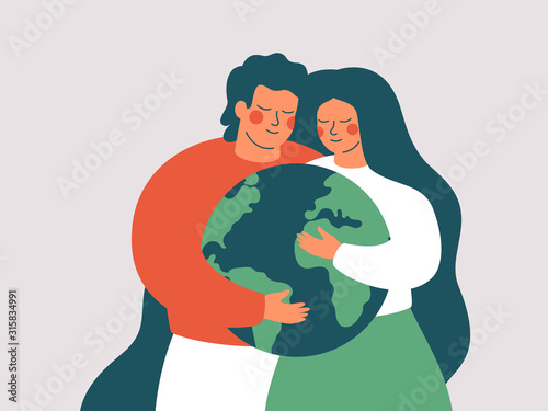 Happy woman and man embrace the green planet Earth with love and care. Vector illustration of Earth day and saving planet. Environment conservation and energy saving concept.