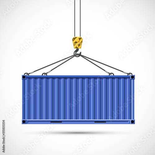 Cargo container hanging on a crane hook. Freight shipping. photo