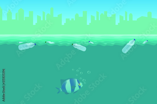  Plastic bottles at sea. Oceans pollution by plastic waste. Environmental pollution. Fish. Vector illustration