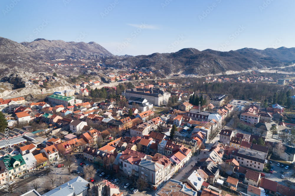 Aerial view of Cetinje town in Montenegro