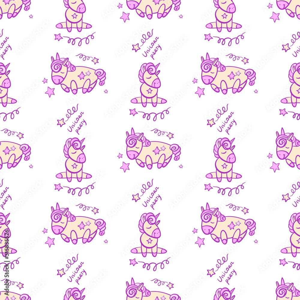Fototapeta premium Cute seamless pattern with little cartoon pony and stars, vector texture