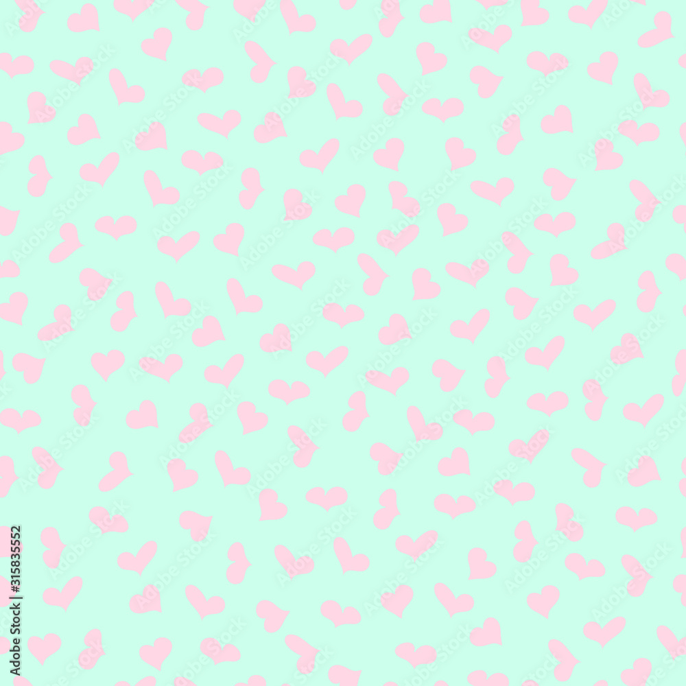 many pink hearts of different shapes on a cyan background. seamless pattern
