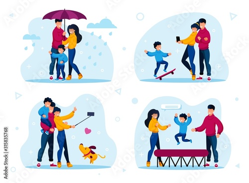 Family Relations and Time Together Trendy Flat Vector Concepts Set. Parents with Children Walking Under Umbrella in Rain, Making Memorable Selfie Photos, Jumping on Trampoline Isolated Illustrations
