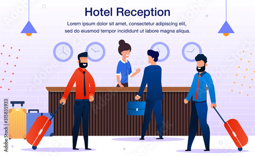 Hotel Reception Service Trendy Flat Vector Advertising Banner, Promo Poster Template. Female Receptionist at Counter Desk Welcoming and Registering Guests, Communicating with Clients Illustration