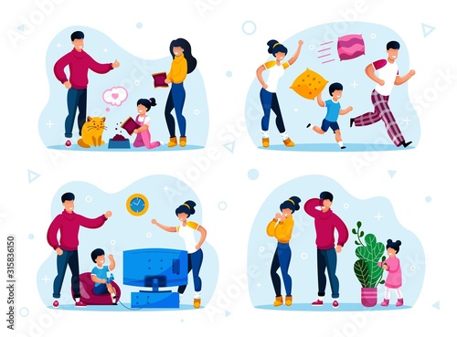 Family Home Activities and Leisure Trendy Flat Vector Concepts Set. Parents with Children Feeding Cat, Running and Fooling Around, Playing Video Games and in Hide-and-Seek Isolated Illustrations