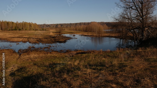 Flooding on the river in early spring in rural areas. Inundation. Naked earth after winter.