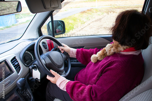 車の運転をする高齢女性