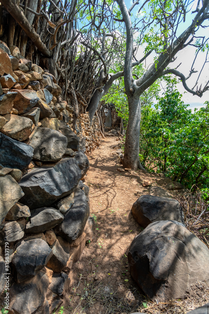 Narrow pathway in Konso, walled village tribes Konso. Africa, Ethiopia. Konso villages are listed as UNESCO World Heritage sites. Narrow pathway in Konso, walled village tribes Konso. Africa, Ethiopia. Konso villages are listed as UNESCO World Heritage sites.