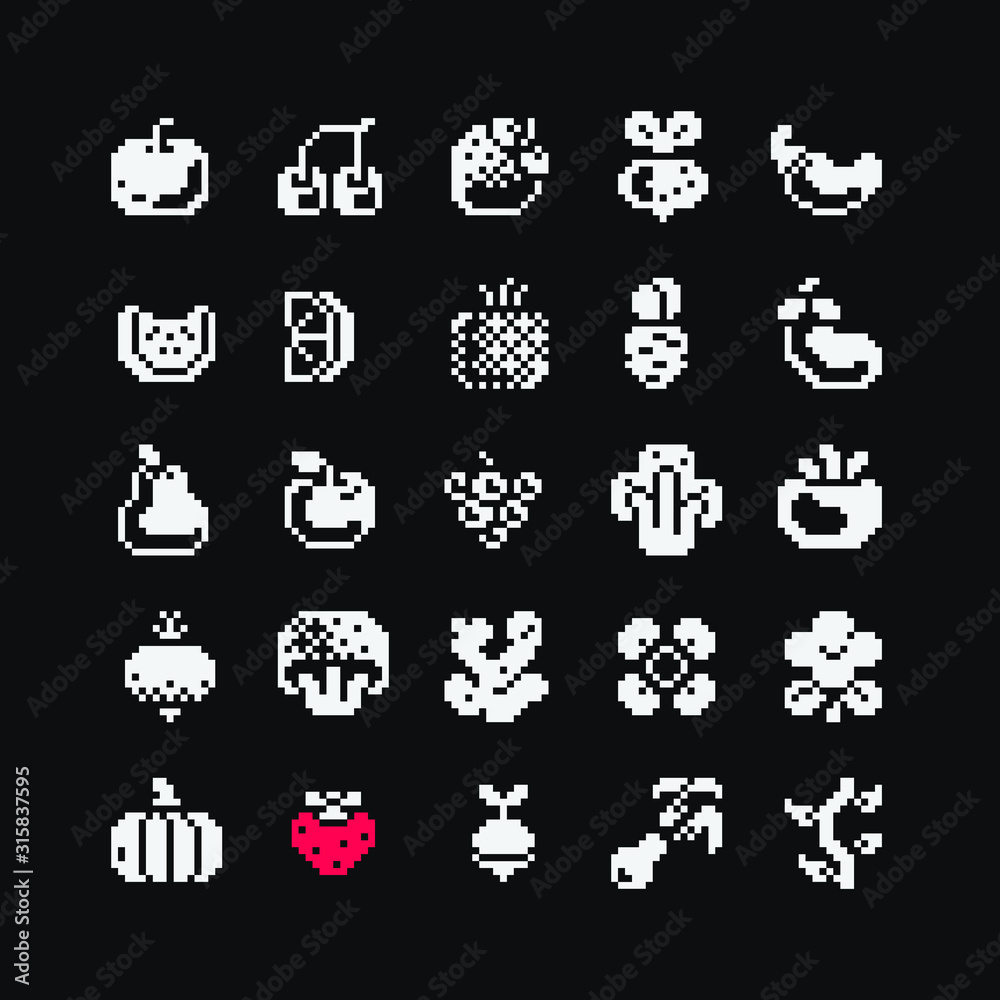 Fruits berries and vegetables pixel art icons set. Design for logo game, sticker, web, mobile app, badges and patches. Isolated vector illustration. Game assets 1 bit sprite.