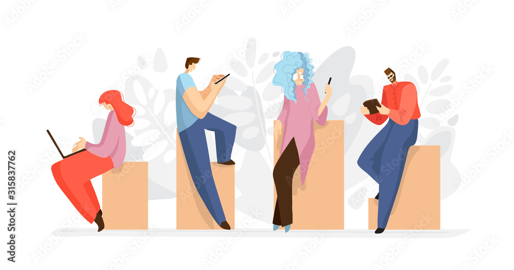 Working people with tablet, smartphone, laptop, notebook. Online working concept, online job. People searching internet flat vector illustration isolated on white. Working people, flat illustration - obrazy, fototapety, plakaty 