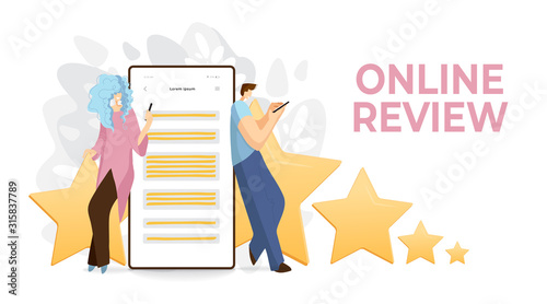 Feedback, survey vector flat concept with people, man and woman sitting on big rating stars, writing reviews and making comments about service or product. Rate Evaluation and testimonial, customer