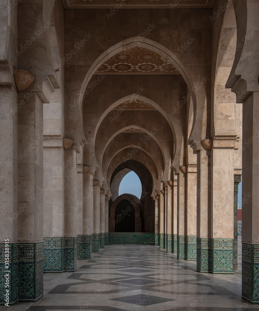 Arches path way on The Hassan II Mosque in Casablanca, Morocco.. The largest mosque in Morocco and one of the most beautiful in Africa. the 13th largest in the world.