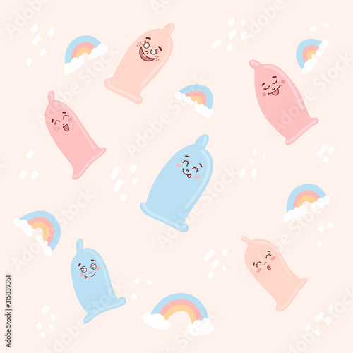 Cute condoms with funny faces in kawaii style , drawn in Scandinavian style. Vector illustration .
