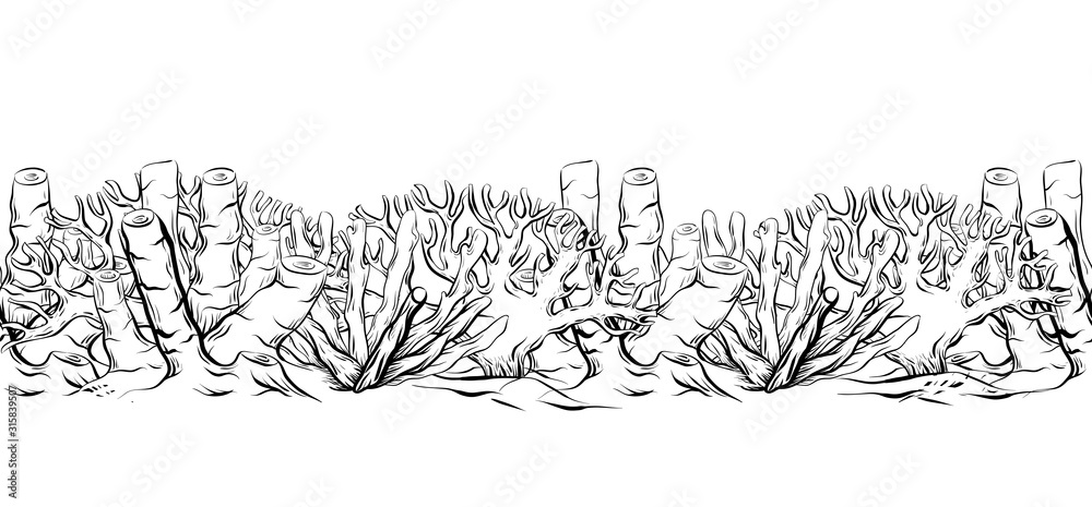 Seamless contour border of coral and reef. Outline drawing of marine life.  Vector black and white texture for frames, invitations and your creativity.  Stock Vector | Adobe Stock