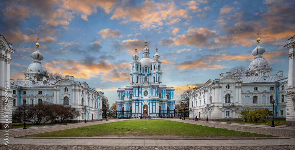 Smolny Convent of the Resurrection is located on square Rastrelli, on the bank of the River Neva in Saint Petersburg, Russia. Baroque style orthodox cathedral. Smolny Sobor or church.