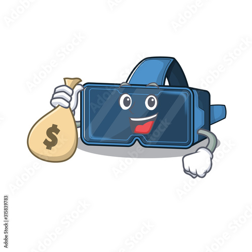 Happy rich vr virtual reality cartoon character with money bag