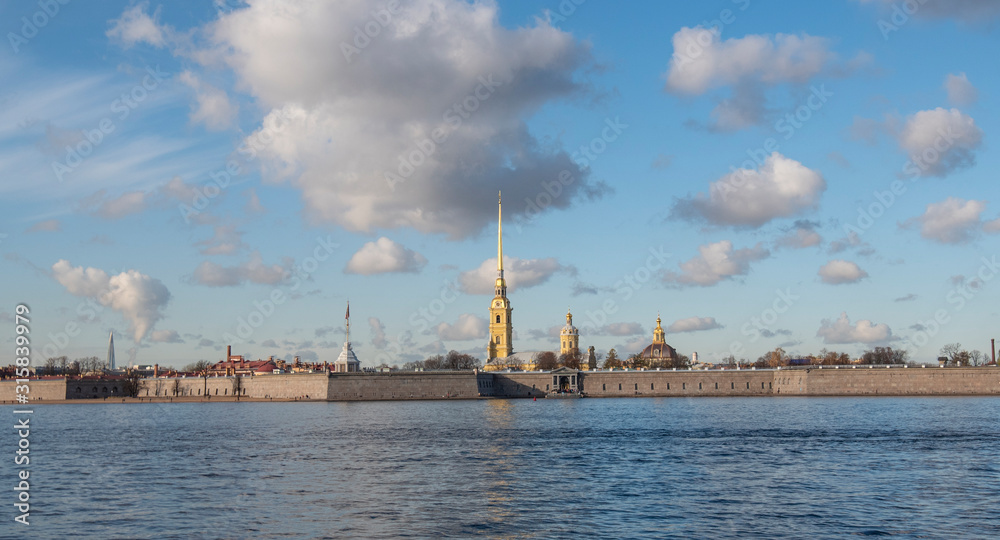 Peter and Paul Fortress viewed from Neva river in Saint Petersburg, Russia. The fortress was built in 18 century and is now one of the main attractions in St. Petersburg.