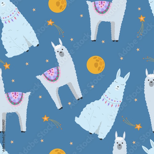 Cute llamas with space background, seamless pattern for textile, fabric, nursery 