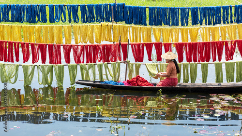 Tablou canvas Handcrafted colorful lotus fabrics made from lotus fibers in Inle Lake, Shan State in Myanmar