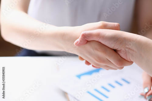 Businesswoman and woman shake hands as hello in office closeup. Friend welcome introduction greet or thanks gesture product advertisement partnership approval arm strike a bargain on deal concept