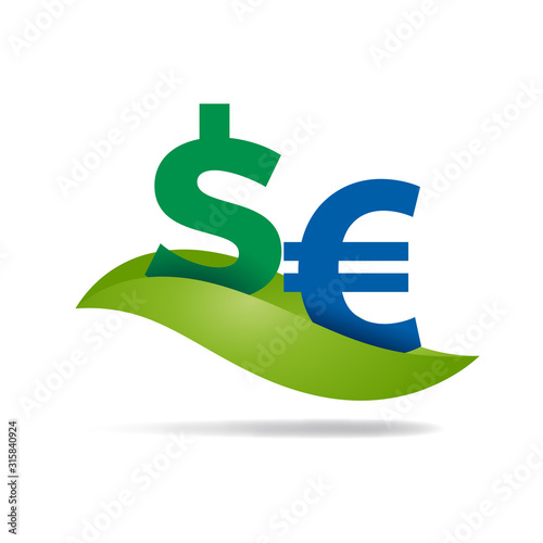 Green deal. Conceptual illustration with leaf and euro and dollar signs