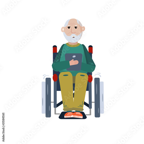 Old pension is sitting on the wheelchair. Disabled Senior man reads on laptop. Grandpa calls his grandkids online