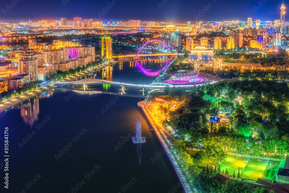 Astana, Kazakhstan, night view of the city illuminated as capital of Kazakhstan